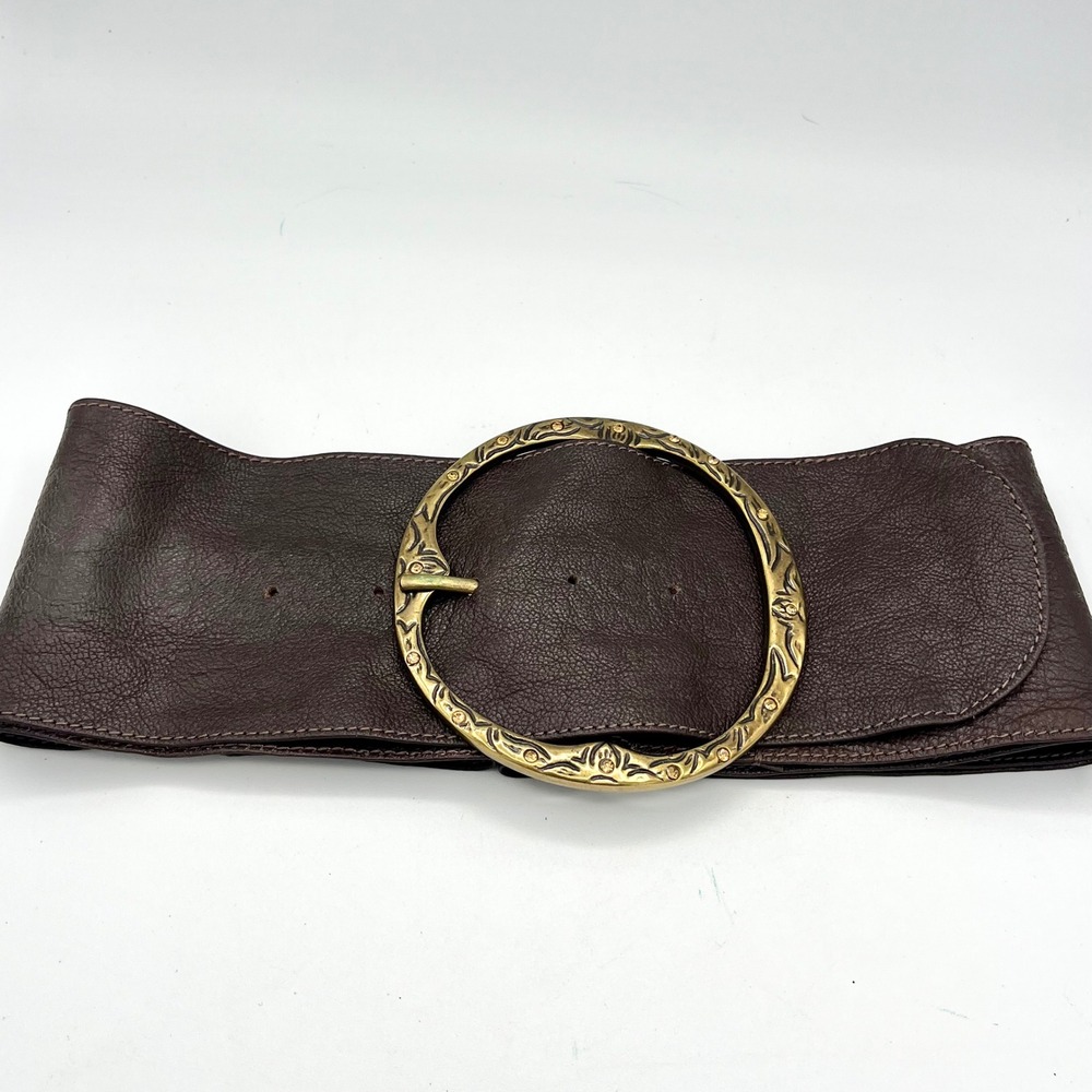 Brown Leather Wide Waist Belt XL 1X Ornate Gold Round Buckle Bohemian Western